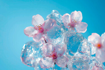 Delicate pink cherry blossoms encased in glistening ice against a vibrant blue sky