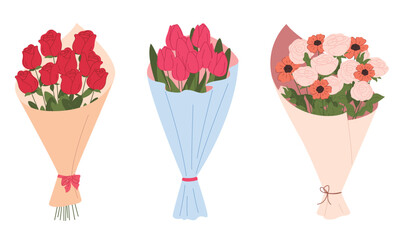 Bouquet of flowers. A set of different flowers for a bouquet. A gift for a beloved woman. Bouquet composition with flowers. Vector illustration
