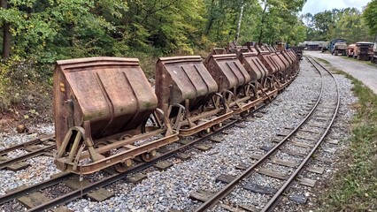 Historic mine carts on an abandoned railway line