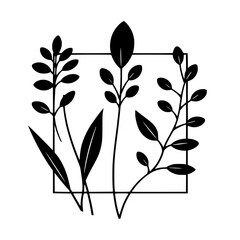 Minimalist Silhouette: Black and white depiction of plants framed by a square, capturing leaves, stems, and geometric design.