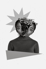 Creative photo collage illustration of weird impressed astonished girl flowers inside head in half...
