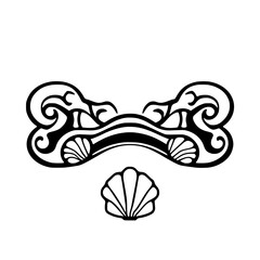 Fototapeta premium Abstract black & white illustration of a bow-tie shaped design, with a seashell detail. The image has an abstract, Art Nouveau aesthetic.