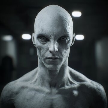 Visual representation of a gray alien with a thin, tall body. Gray alien with a bald face on a dark background.