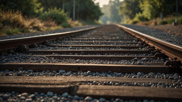 Close-up of railway tracks with gravel and greenery under warm sunlight