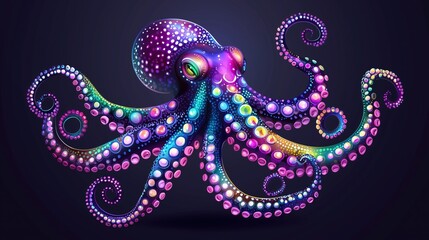 Obraz premium vibrant octopus with swirling tentacles glows against dark background spectrum of rainbow colors and mesmerizing patterns