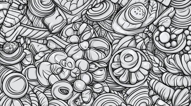 Abstract grayscale doodle pattern of various food items