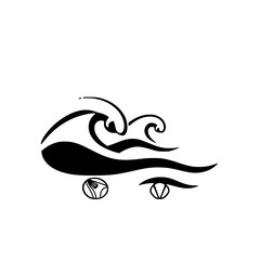 Abstract black ink stylized composition of ocean waves with a minimalist design. The image features a contrasting black and white design, with a simplistic, modern aesthetic and a unique aesthetic sty