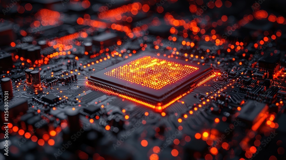 Poster a close-up of a glowing microchip on a circuit board, showcasing technology.
