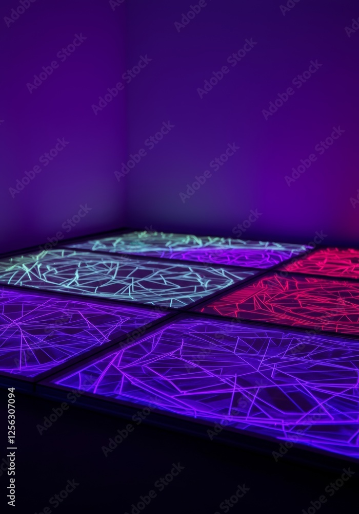 Poster a glowing interactive floor installation with geometric neon patterns pulsing under a translucent gl