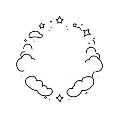 A minimalistic black-and-white illustration of stars and clouds arranged in a circular pattern to create a cartoonish and whimsical effect.