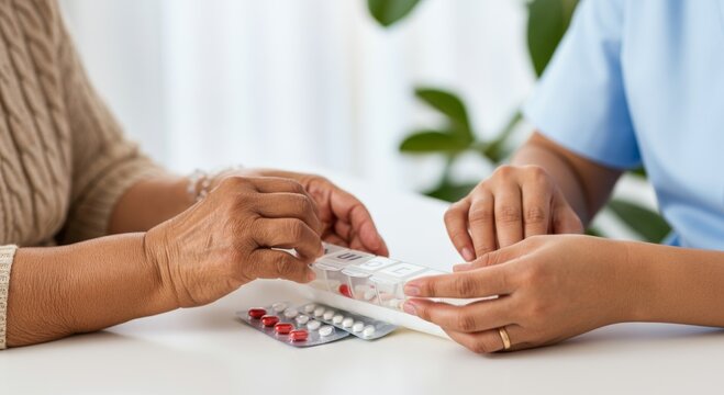 Senior and caregiver organizing medication in weekly pillbox on table