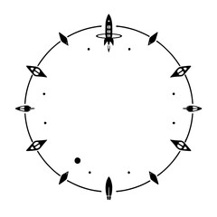 Celestial time: Black & White clockface adorned with a central rocket, spaceships, and celestial objects, evoking movement and the concept of time.
