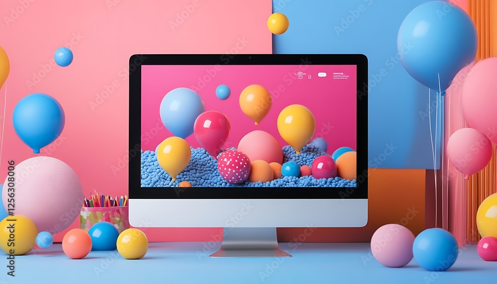 Poster colorful balloons and spheres displayed on a computer screen and around it in a pastel-colored studi