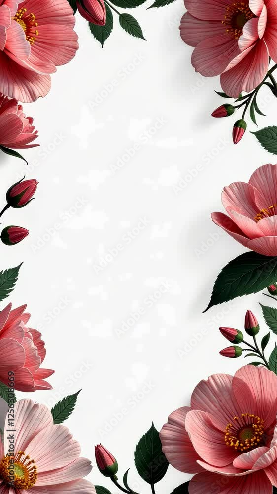 Poster a white background with pink flowers on it. the flowers are in the center and surround the backgroun