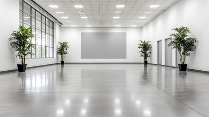 Obraz premium Empty modern hall with plants and large blank wall. Possible use Business presentation