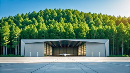 Modern Aircraft Hangar Surrounded by Lush Green Trees under Bright Blue Sky