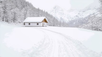Snowy winter landscape with small cabin