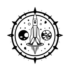 Fototapeta premium Rocket launch in a cosmic compass, surrounded by stars and planets, in a black and white line drawing.