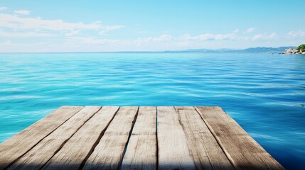Tranquil Ocean View from Wooden Dock - Serene of a weathered wooden dock extending over a calm, turquoise ocean under a bright sky. Perfect for travel, vacation, or relaxation themes