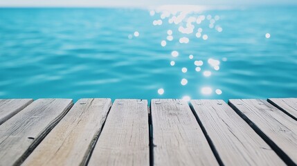 Fototapeta premium Tranquil Waters Wooden Dock - Serene coastal scene, wooden dock, tranquil blue water, sunlight reflections, peaceful escape. Symbolizing relaxation, serenity, nature, summer, and travel