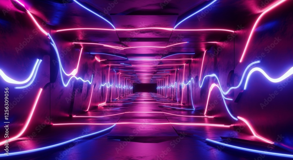Poster a high-tech infinity tunnel lined with intricate mirrored panels reflecting pulsating neon light wav