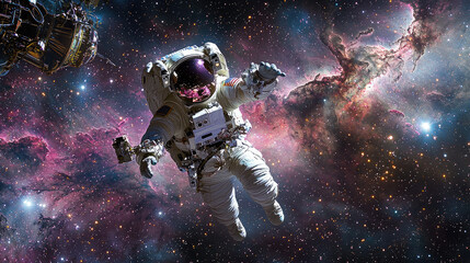 Fototapeta premium Astronaut floating in the vastness of space, surrounded by colorful nebulae and stars