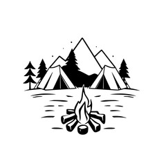 "Camping Adventure: A Fire and Tent Illustration Under the Stars"