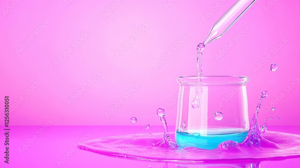 Poster a colorful laboratory scene featuring a dropper pouring liquid into a glass, creating splashes again