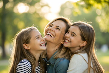 Fototapeta premium mom and daughter A joyful woman embraces two smiling girls outdoors, capturing a moment of love and happiness in a sunlit park.