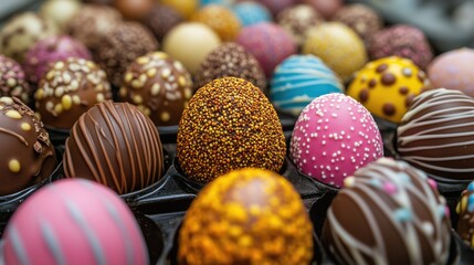 Fototapeta premium Assorted colorful chocolate truffles in decorative toppings display