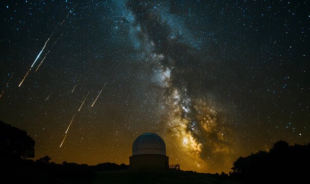 A breathtaking night scene with meteors streaking across the starlit sky above an observatory