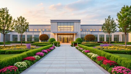 Obraz premium Modern Architectural Design of Elegant Building Surrounded by Vibrant Garden in Sunset Light