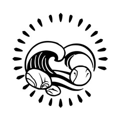 Coffee bean waves: stylized black and white illustration with sunburst.