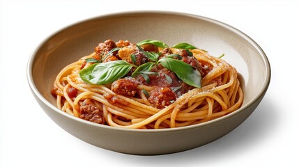 Classic Spaghetti Bolognese with Basil in Rustic Bowl