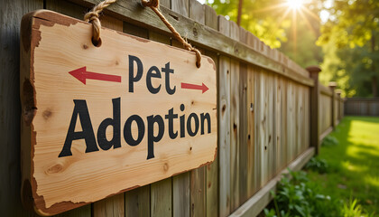 Pet adoption sign with direction arrows in green backyard