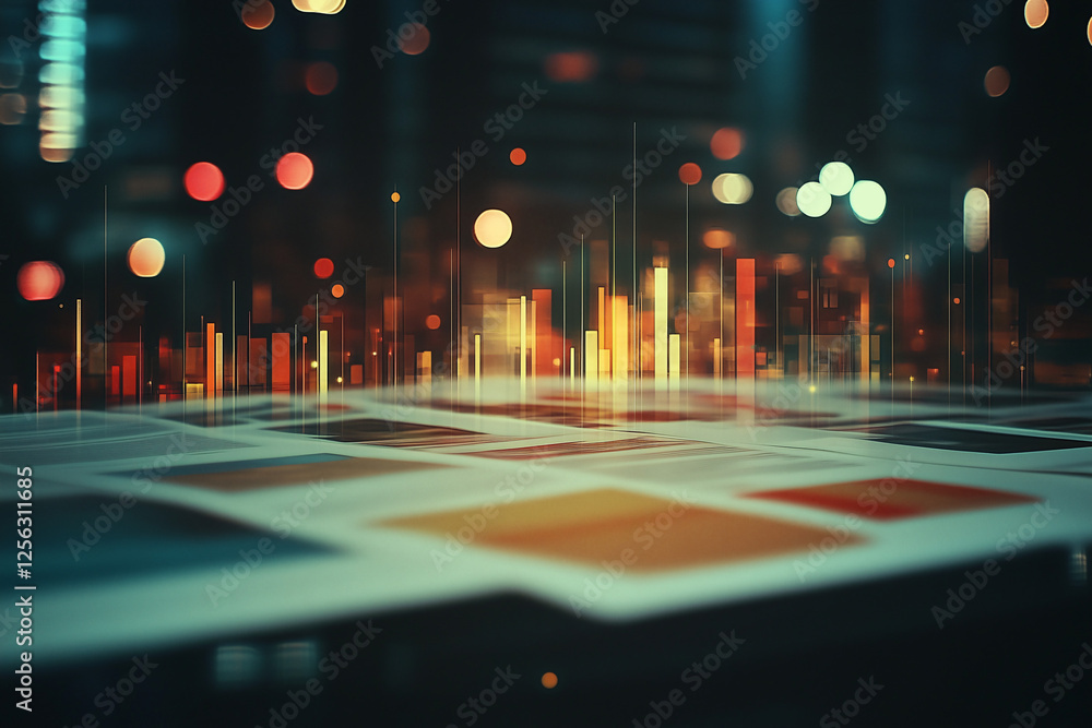 Poster data visualization in city lights: a captivating abstract image showcasing a close-up view of financ