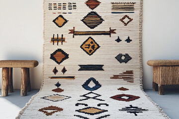 Geometric Rug Design: A captivating modern rug with bold geometric patterns in muted shades of brown, blue, and yellow, adding a touch of sophistication and visual interest to any contemporary space.