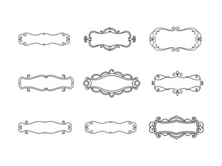 Elegant Black Line Art Decorative Frames Collection.
Filigree banner corners is decorated line border, vintage engraving.