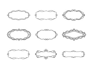 Elegant Black Line Art Decorative Frames Collection.
Filigree banner corners is decorated line border, vintage engraving.
