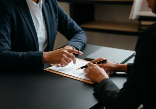 Immigration lawyer explaining legal documents to a Middle Eastern immigrant.
