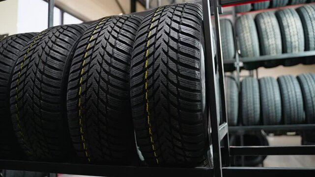 All-season tires with deep tread pattern on store rack