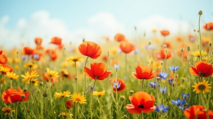 Naklejka premium Vibrant Wildflower Meadow with Red Poppies and Yellow Daisies