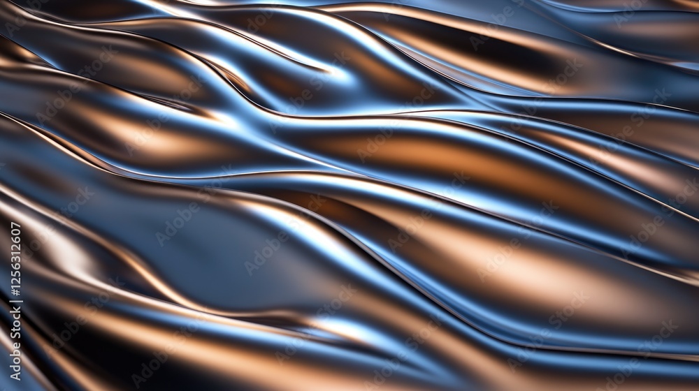 Poster flowing metallic waves abstract art digital rendering modern design close-up view sensory experience