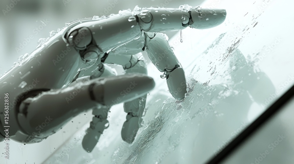 Aufkleber a human hand grasps a tablet displaying augmented reality software with a blue-toned wireless robot 