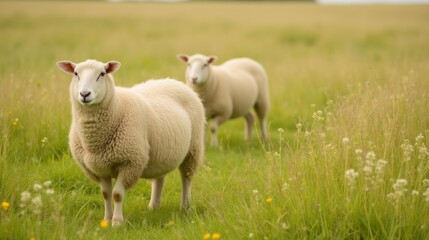 Fototapeta premium Two Curious Sheep Grazing on a Green Meadow Under Clear Sky