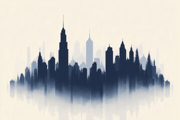 Obraz premium City Skyline Silhouette: A minimalist illustration of a city skyline, rendered in shades of dark blue against a muted beige background, evokes a sense of urban sophistication and quiet strength. 