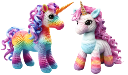 Adorable crochet unicorn plush toys in rainbow and pastel colors with curly yarn manes , element set on transparent background