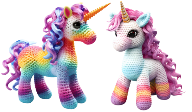 Adorable crochet unicorn plush toys in rainbow and pastel colors with curly yarn manes , element set on transparent background