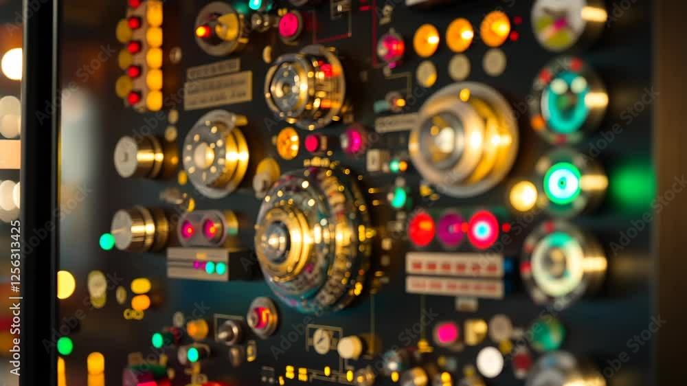 Poster control panel with colorful lights and intricate dials located in a vintage mechanical setting