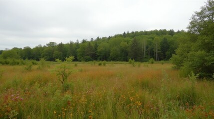 Fototapeta premium Serene Meadow With Lush Greenery Under A Cloudy Sky